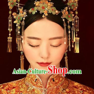 Chinese Traditional Bride Hair Jewelry Accessories Palace Xiuhe Suit Hairpins Wedding Green Flowers Phoenix Coronet for Women