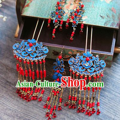 Chinese Traditional Bride Hair Accessories Palace Queen Xiuhe Suit Tassel Step Shake Wedding Blueing Hairpins for Women