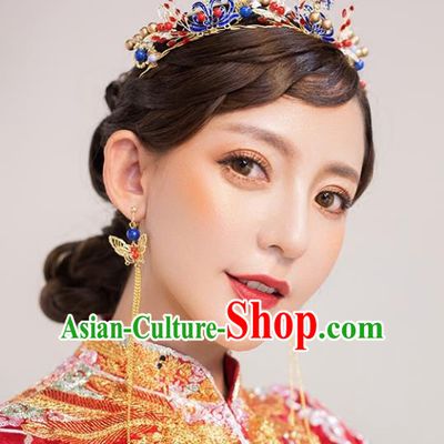 Chinese Traditional Bride Hair Accessories Palace Queen Xiuhe Suit Blueing Royal Crown Wedding Hairpins for Women