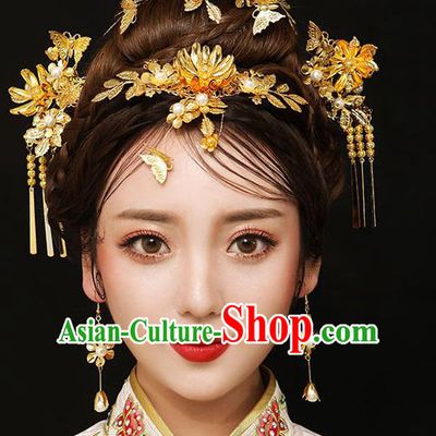 Chinese Traditional Bride Hair Accessories Palace Queen Xiuhe Suit Golden Lotus Phoenix Coronet Wedding Hairpins for Women