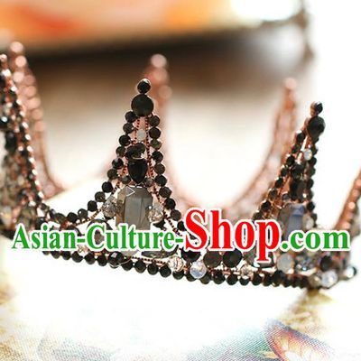 Chinese Traditional Hair Accessories Baroque Queen Hair Clasp Wedding Bride Black Crystal Round Royal Crown for Women