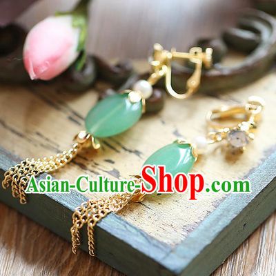 Chinese Traditional Bride Jewelry Accessories Eardrop Princess Wedding Hanfu Green Jade Tassel Earrings for Women