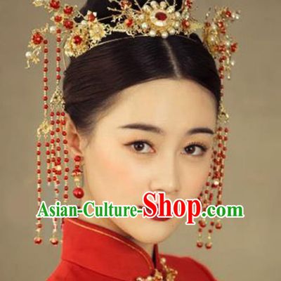 Chinese Traditional Bride Hair Accessories Headwear Xiuhe Suit Palace Pearls Phoenix Coronet Wedding Hairpins for Women