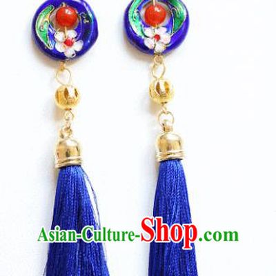Chinese Traditional Bride Jewelry Accessories Xiuhe Suit Cloisonn Earrings Wedding Blue Tassel Eardrop for Women