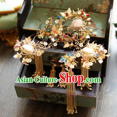 Chinese Traditional Bride Hair Accessories Xiuhe Suit Step Shake Wedding Hairpins Blueing Butterfly Phoenix Coronet for Women