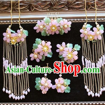 Chinese Traditional Bride Hair Accessories Xiuhe Suit Tassel Step Shake Wedding Pink Flowers Hairpins Complete Set for Women