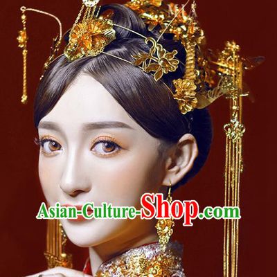 Chinese Traditional Bride Hair Accessories Xiuhe Suit Wedding Flowers Hairpins Phoenix Coronet Complete Set for Women