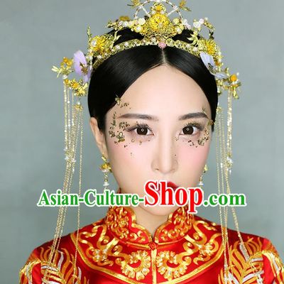 Chinese Traditional Bride Hair Accessories Xiuhe Suit Phoenix Coronet Wedding Flowers Hairpins Complete Set for Women