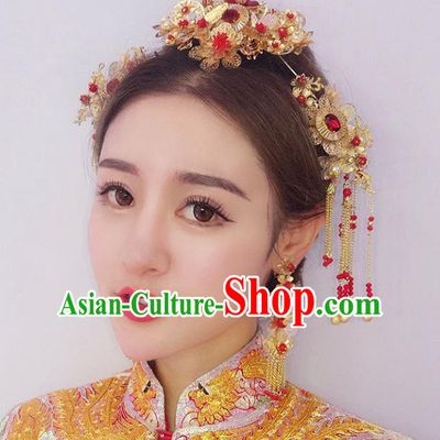 Chinese Traditional Bride Hair Accessories Xiuhe Suit Phoenix Coronet Wedding Red Tassel Hairpins for Women
