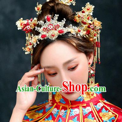 Chinese Traditional Bride Hair Accessories Xiuhe Suit Wedding Tassel Phoenix Coronet Hairpins Complete Set for Women