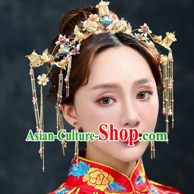 Chinese Traditional Bride Hair Accessories Xiuhe Suit Wedding Tassel Blueing Step Shake Hairpins Complete Set for Women