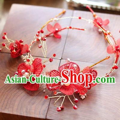 Chinese Traditional Bride Hair Accessories Baroque Princess Wedding Red Flowers Hair Clasp for Women
