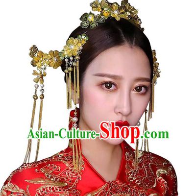 Chinese Traditional Bride Hair Accessories Xiuhe Suit Wedding Golden Step Shake Hairpins Complete Set for Women