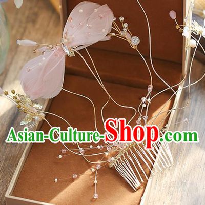 Chinese Traditional Bride Hair Accessories Baroque Princess Wedding Pink Feather Bowknot Hair Comb for Women