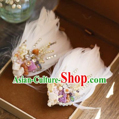 Chinese Traditional Bride Hair Accessories Baroque Princess Wedding White Feather Hair Stick for Women
