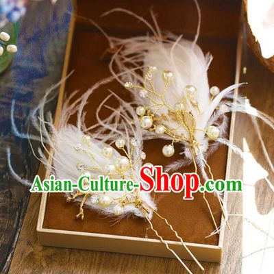 Chinese Traditional Bride Hair Accessories Baroque Princess Wedding White Feather Pearls Hairpins Hair Stick for Women
