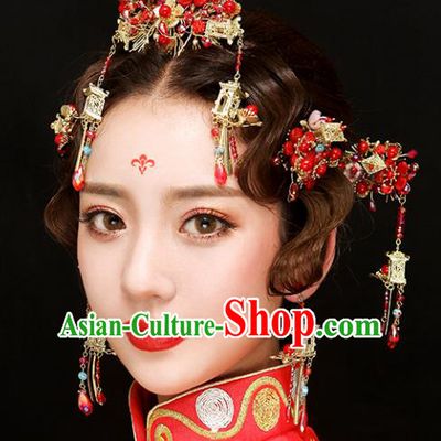 Chinese Traditional Bride Hair Accessories Xiuhe Suit Wedding Red Hair Comb Tassel Hairpins Complete Set for Women