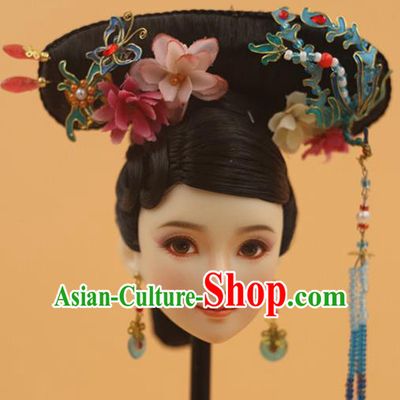 Chinese Traditional Silk Figurine Doll Hair Accessories Hairpins Qing Dynasty Manchu Princess Headwear