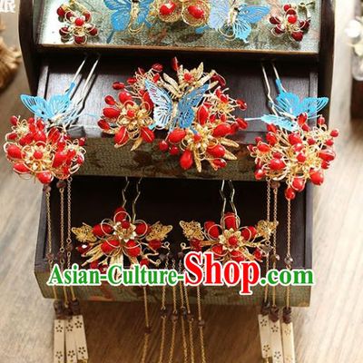 Chinese Traditional Bride Hair Accessories Xiuhe Suit Wedding Tassel Butterfly Hairpins Step Shake Complete Set for Women