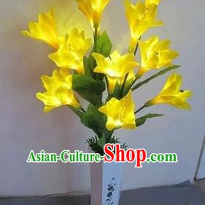 Chinese Traditional Electric LED Lantern Desk Lamp Home Decoration Yellow Greenish Lily Flowers Lights