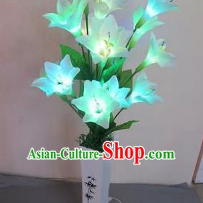 Chinese Traditional Electric LED Lantern Desk Lamp Home Decoration Blue Greenish Lily Flowers Lights