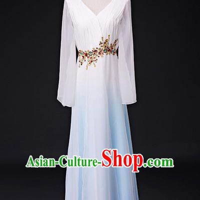 Traditional Chinese Modern Dance Costume Opening Chorus Singing Group Blue Bubble Dress for Women