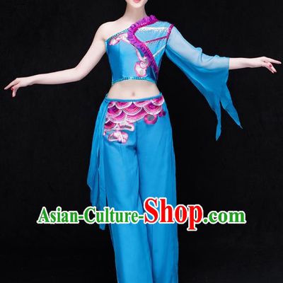 Traditional Chinese Classical Dance Fan Dance Costume, China Yangko Dance Blue Single Sleeve Clothing for Women