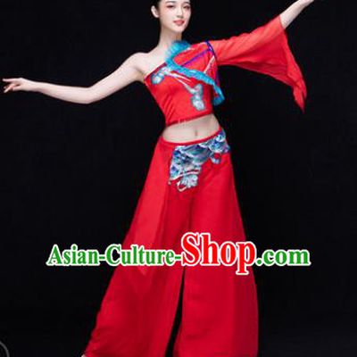 Traditional Chinese Classical Dance Fan Dance Costume, China Yangko Dance Red Single Sleeve Clothing for Women