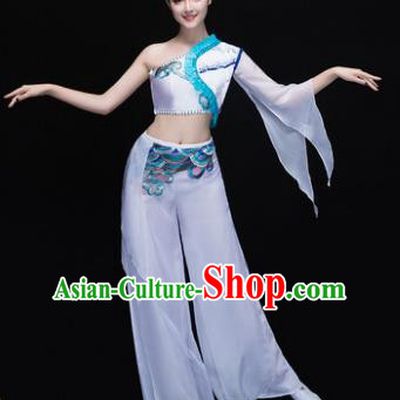 Traditional Chinese Classical Dance Fan Dance Costume, China Yangko Dance White Single Sleeve Clothing for Women