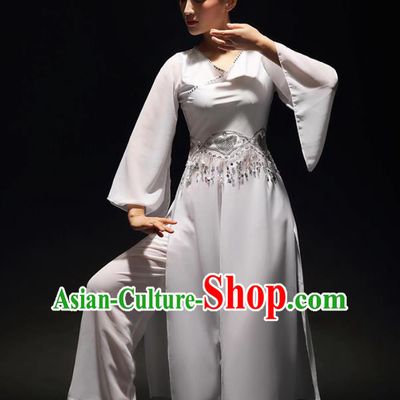Traditional Chinese Classical Dance Costume, China Yangko Dance Fan Dance Hanfu White Clothing for Women