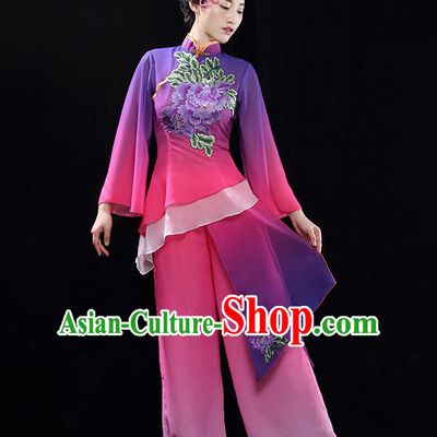 Traditional Chinese Classical Dance Fan Dance Costume, China Yangko Dance Purple Clothing for Women