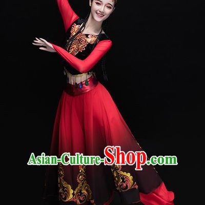 Traditional Chinese Uyghur Nationality Dance Costume, Chinese Uigurian Minority Dance Red Clothing for Women