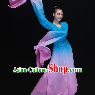 Traditional Chinese Classical Dance Fan Dance Blue Costume, China Yangko Dance Water Sleeve Clothing for Women