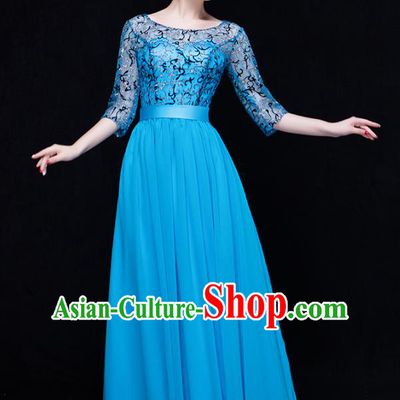 Traditional Chinese Modern Dance Costume Opening Dance Chorus Singing Group Blue Bubble Dress for Women