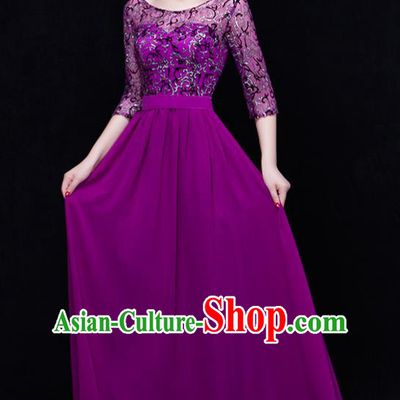 Traditional Chinese Modern Dance Costume Opening Dance Chorus Singing Group Purple Bubble Dress for Women