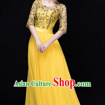 Traditional Chinese Modern Dance Costume Opening Dance Chorus Singing Group Yellow Bubble Dress for Women