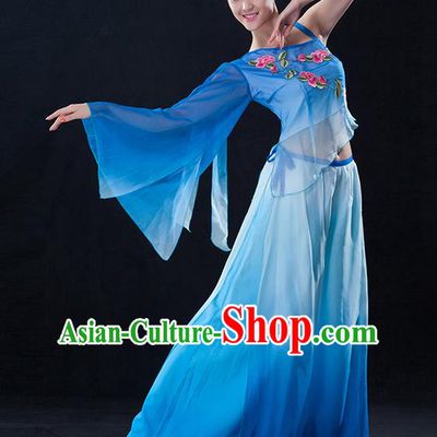 Traditional Chinese Classical Dance Fan Dance Embroidered Blue Costume, China Yangko Dance Clothing for Women