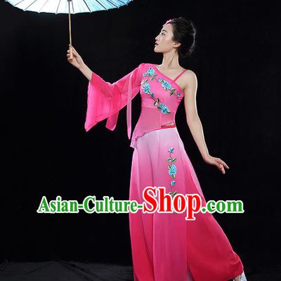 Traditional Chinese Classical Dance Fan Dance Embroidered Pink Costume, China Yangko Dance Clothing for Women