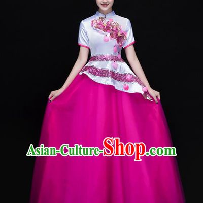Traditional Chinese Modern Dance Costume, Opening Dance Chorus Singing Group Rosy Dress for Women