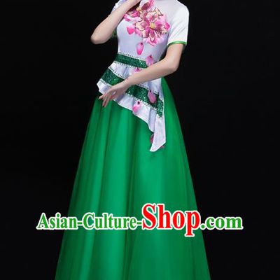 Traditional Chinese Modern Dance Costume, Opening Dance Chorus Singing Group Green Dress for Women