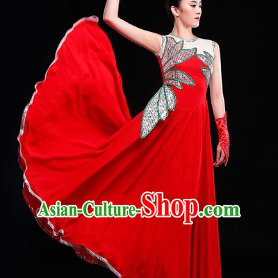 Traditional Chinese Modern Dance Costume, Opening Dance Chorus Singing Group Red Dress for Women