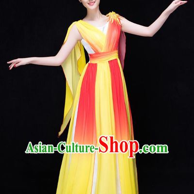 Traditional Chinese Modern Dance Costume, Opening Dance Chorus Singing Group Yellow Dress for Women