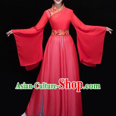 Traditional Chinese Classical Yangge Dance Embroidered Red Costume, China Yangko Dance Dress Clothing for Women