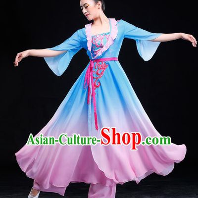 Traditional Chinese Classical Yangge Dance Embroidered Costume, China Yangko Dance Blue Dress Clothing for Women