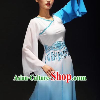 Traditional Chinese Classical Dance Costume, China Yangko Dance Fan Dance Hanfu Blue Clothing for Women