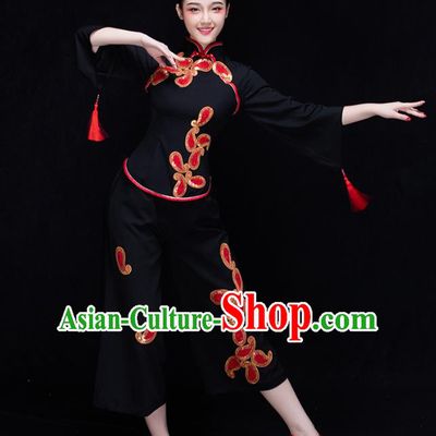 Traditional Chinese Classical Yangge Dance Black Uniforms Embroidered Costume, China Yangko Dance Dress Clothing for Women