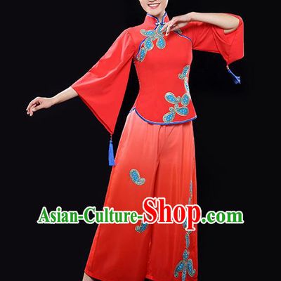 Traditional Chinese Classical Yangge Dance Red Uniforms Embroidered Costume, China Yangko Dance Dress Clothing for Women