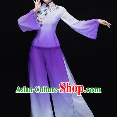 Traditional Chinese Classical Yangge Dance Purple Embroidered Uniforms, China Yangko Dance Clothing for Women