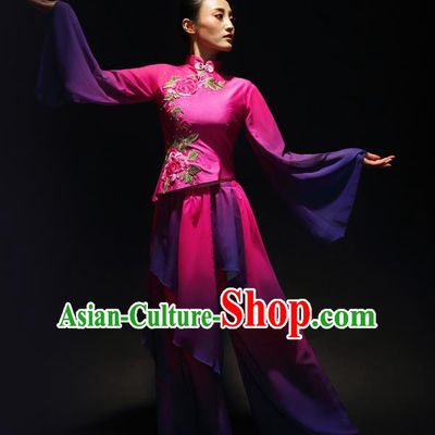Traditional Chinese Classical Yangge Umbrella Dance Costume, China Yangko Fan Dance Rosy Clothing for Women