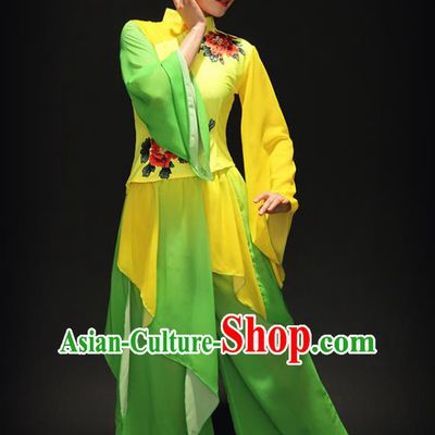 Traditional Chinese Classical Yangge Umbrella Dance Costume, China Yangko Fan Dance Yellow Clothing for Women